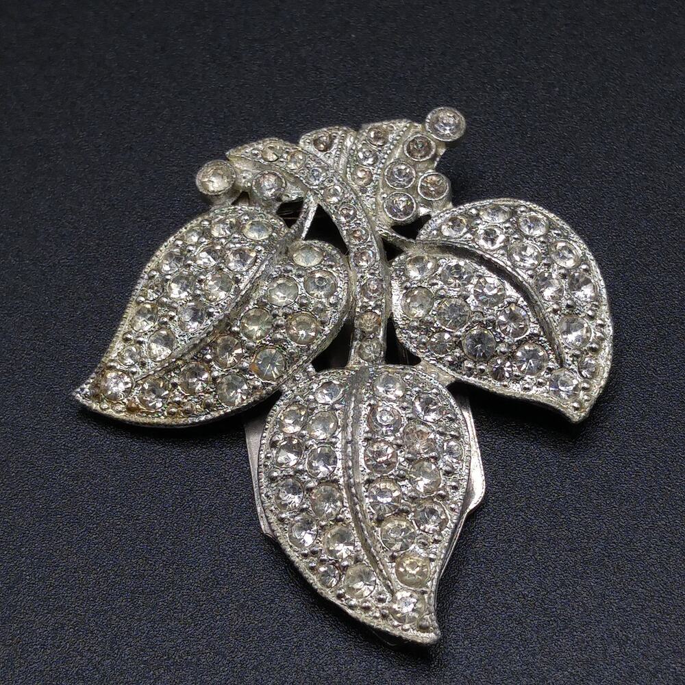 Art Deco Clear Rhinestone Leaf Dress Clip Pot Metal Vintage 1930s